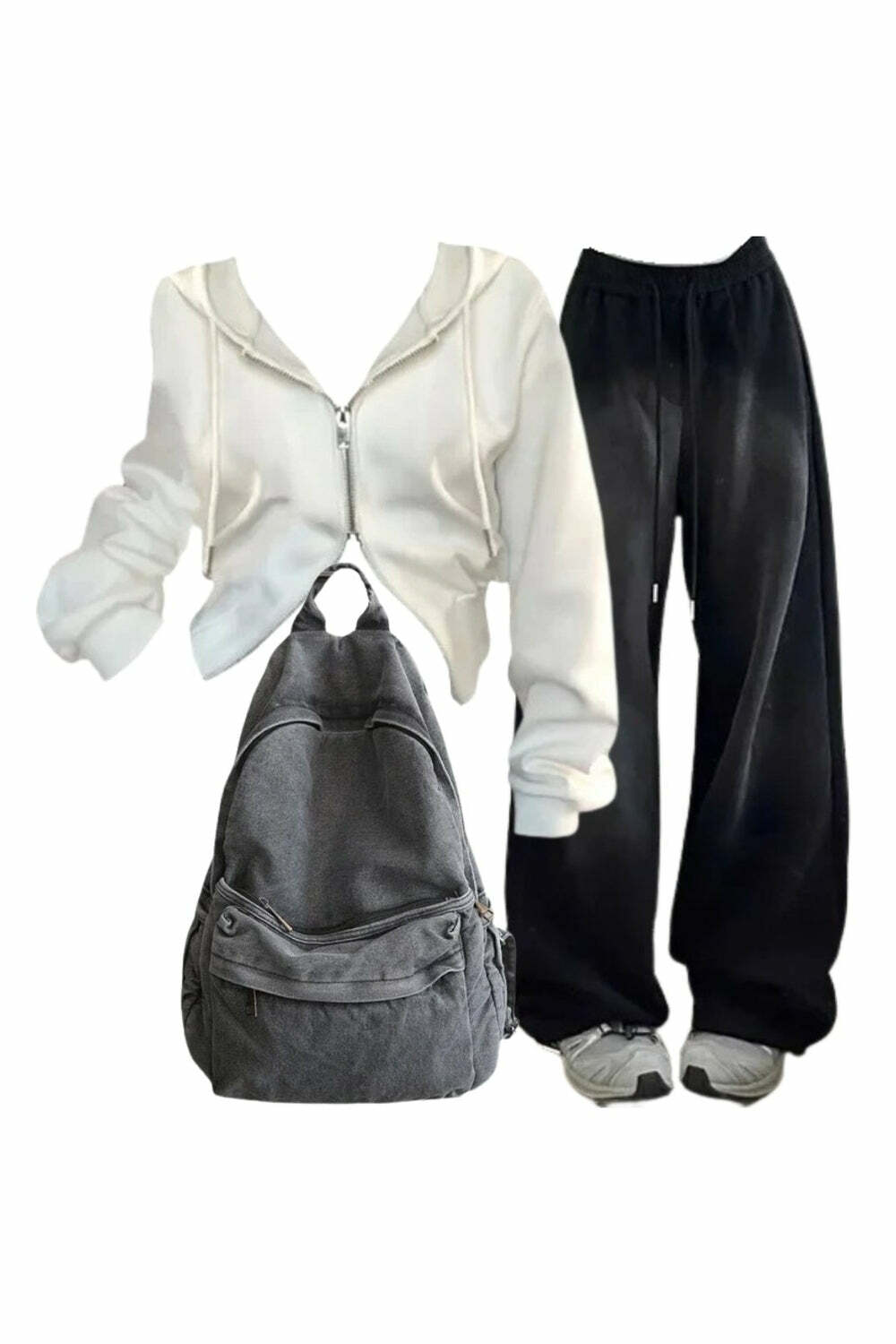 Y2K Outfit: Baggy Grunge Sweatpants, White Zip Hoodie & Urban Ash Backpack