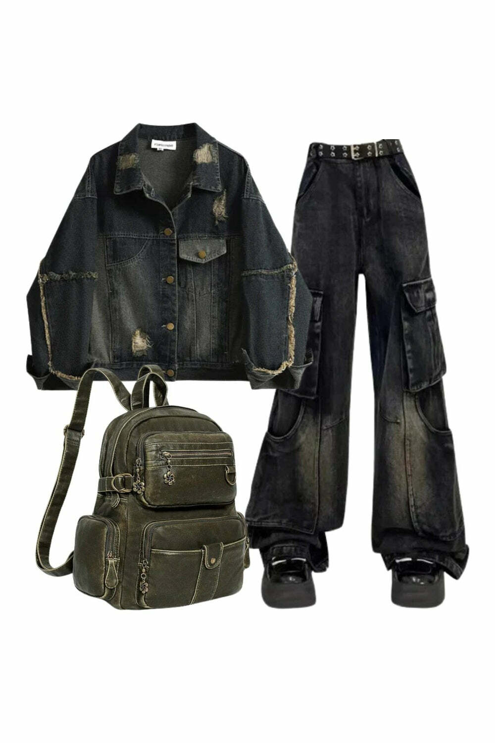 Y2k Outfit: Distressed Midnight Denim Jacket + Gothic Cargo Flare Jeans + Vintage Y2K Backpack - Cute 2000s Fashion Inspiration