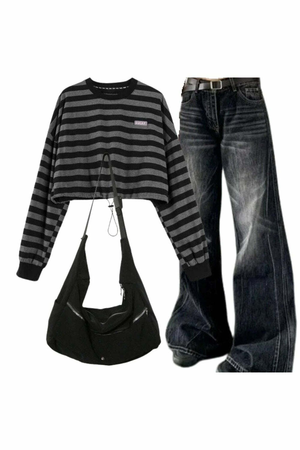 Y2K Outfit: Distressed Wide-Leg Jeans, Striped Sweatshirt & Nylon Bag