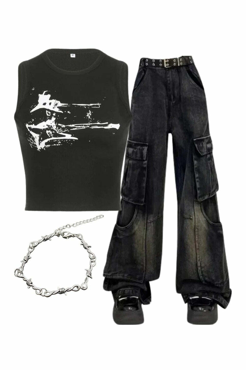 Y2k Outfit: Gothic Cargo Flare Jeans + Distressed Graphic Top + Juicy Couture Bracelet