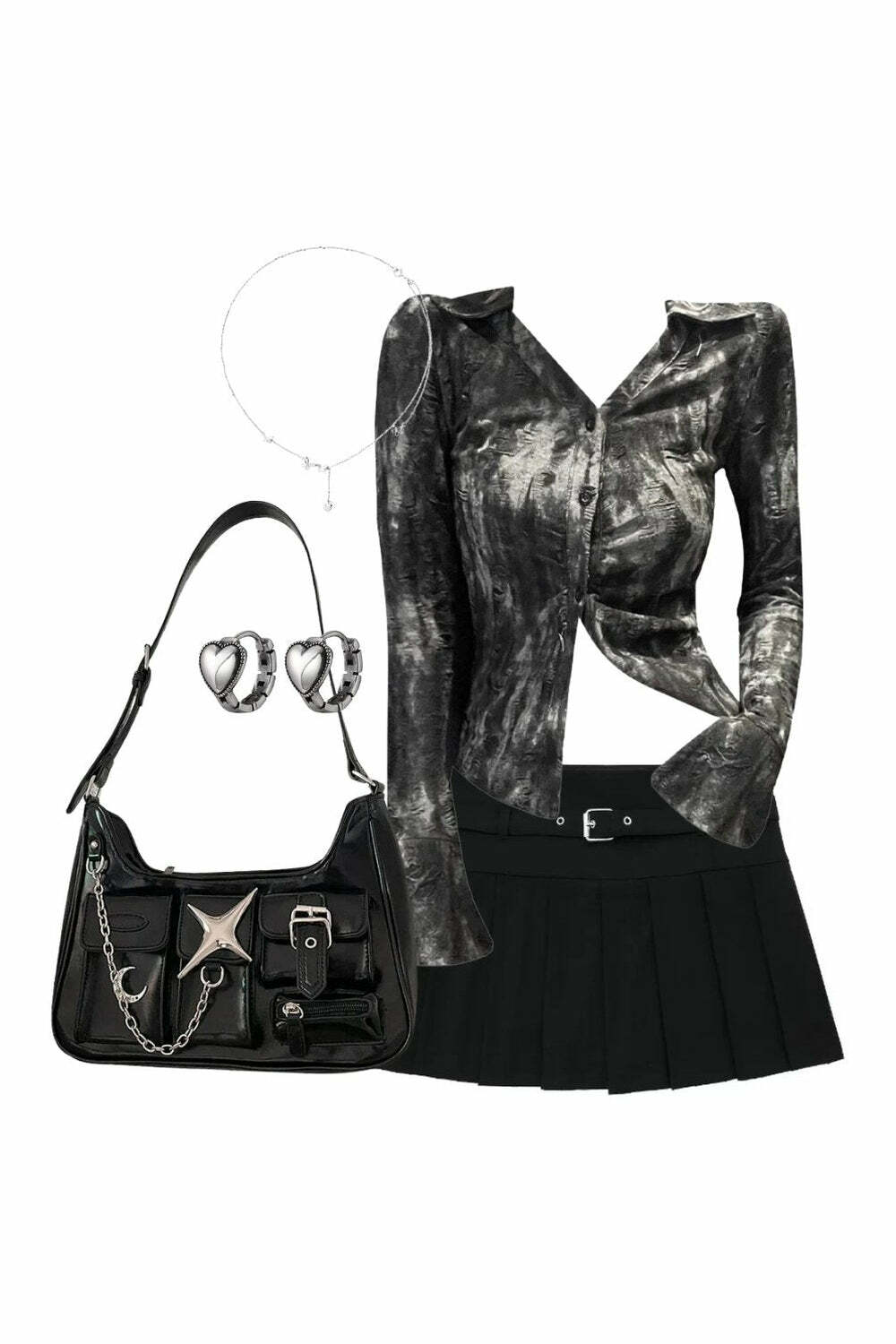 Y2K Outfit: Metallic Asymmetrical Blouse & Chic Zipper Skirt with Accessories