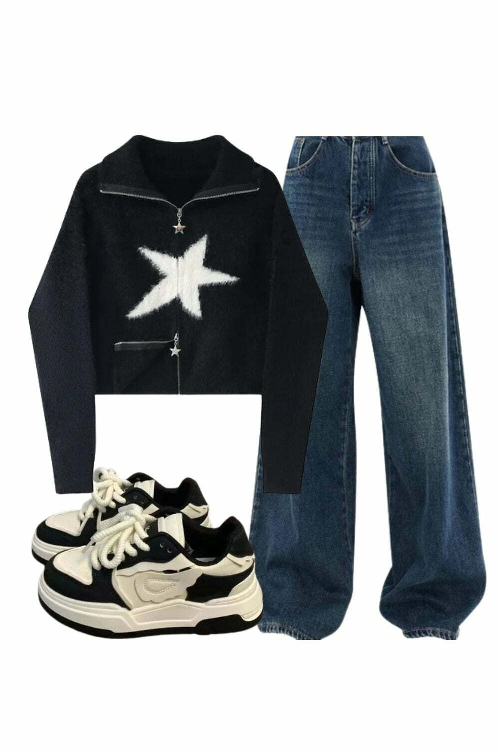 Y2K Outfit: Oversized Wide-Leg Jeans, Fuzzy Star Zip-Up Sweater & Sneakers