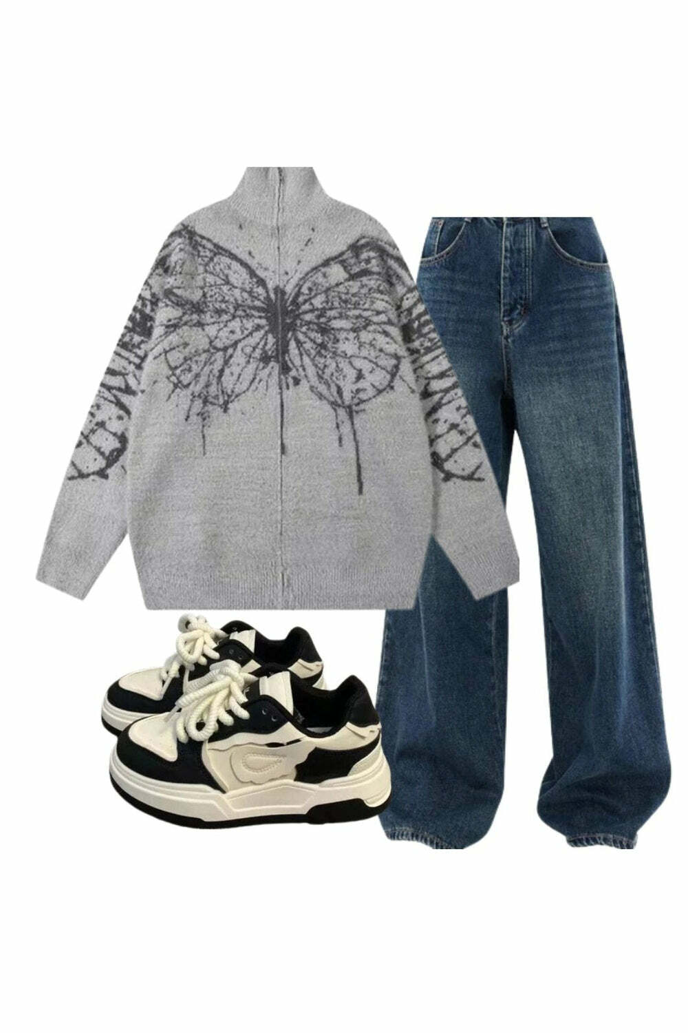 Y2K Outfit: Oversized Wide-Leg Jeans, Grunge Sweater & Dream Sneakers