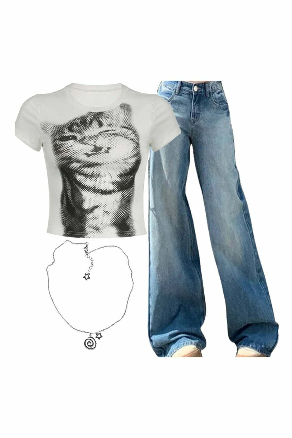 Y2k Outfit: Pixelated Cat Graphic Crop Top + Light Wash Wide-Leg Jeans + Vortex Charm Necklaces - Cute 2000s Fashion Inspiration