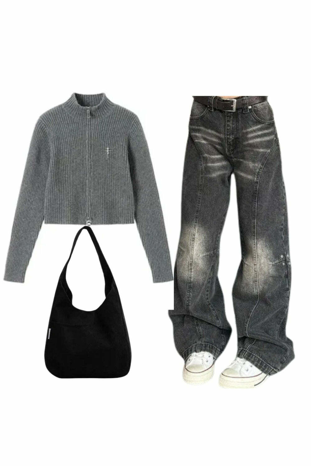 Y2K Outfit: Ribbed Zip-Up Turtleneck, Wide-Leg Jeans & Canvas Handbag