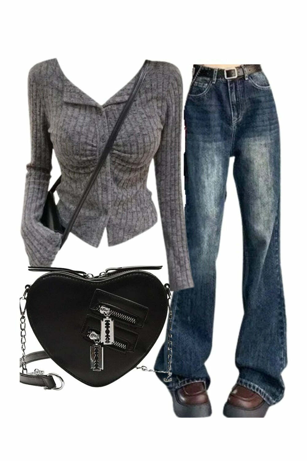 Y2K Outfit: Ruched Ribbed Cardigan, Vintage Flare Jeans & Punk Bag