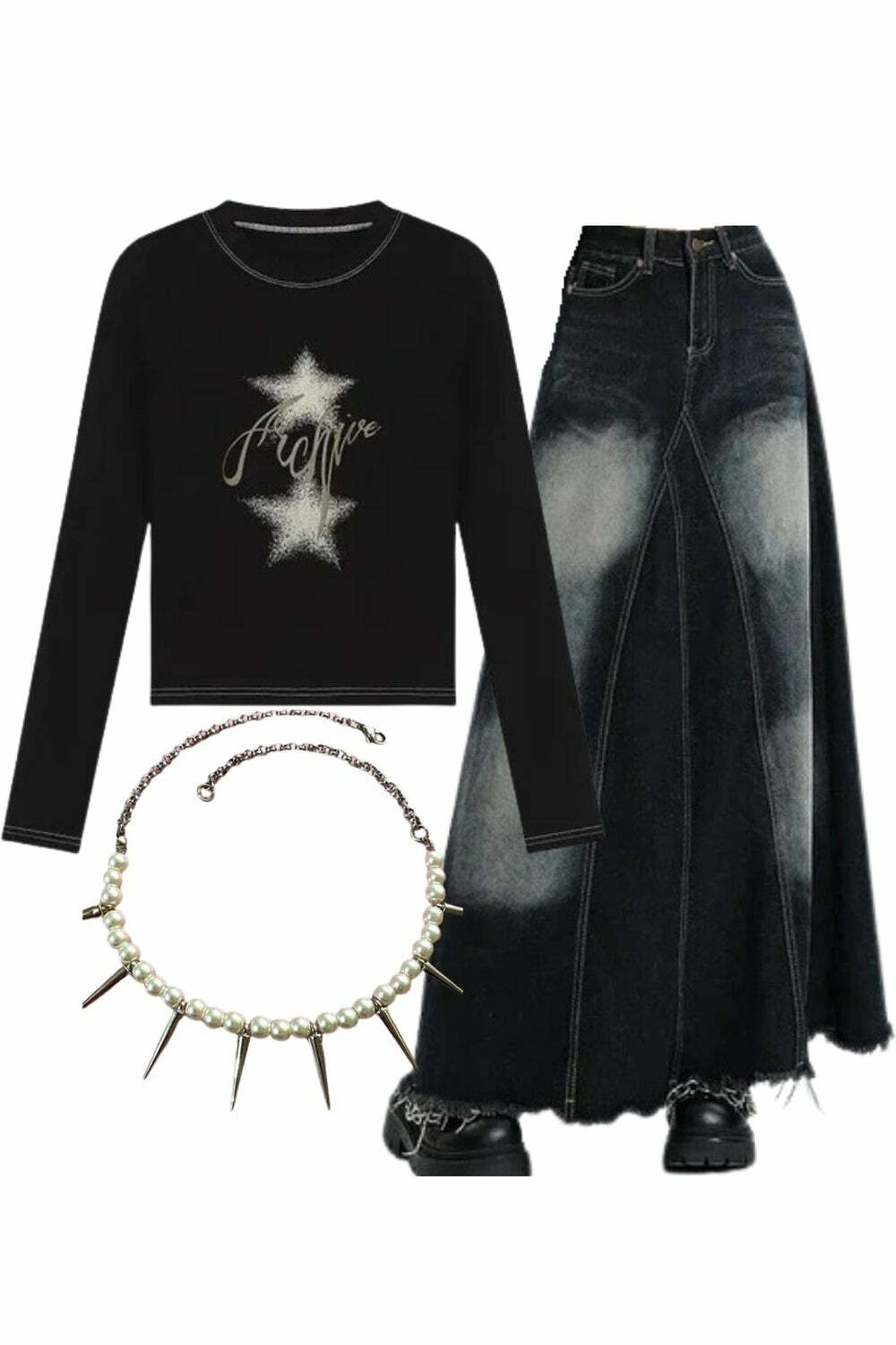 Y2K Outfit: Sparkle Top, Faded Black Maxi Skirt & Pearl Spike Necklace