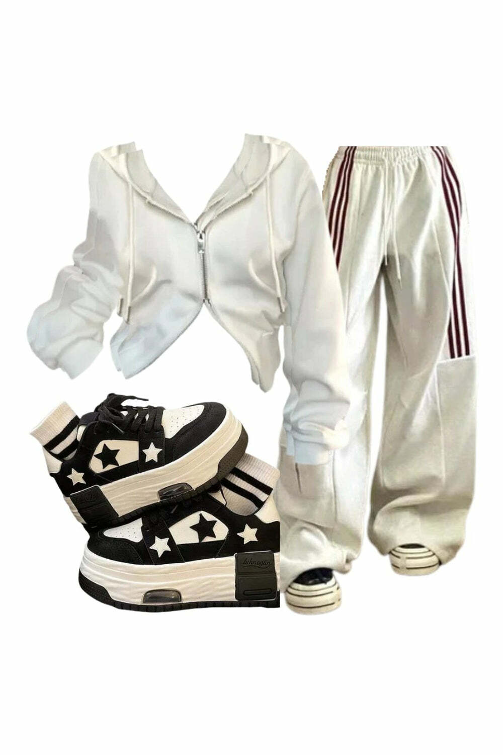 Y2k Outfit: Striped Cargo Spring Pants + White Zip Hoodie + Y2k Skate Shoes