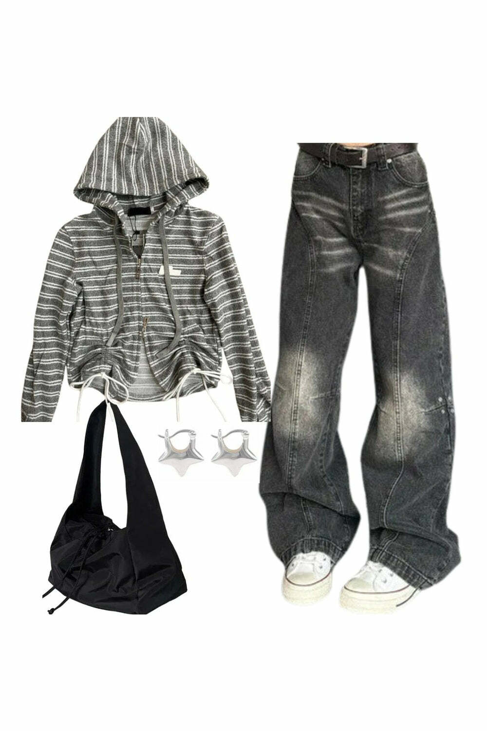 Y2k Outfit: Striped Cozy Zip-Up Hoodie & Washed Black Wide-Leg Jeans