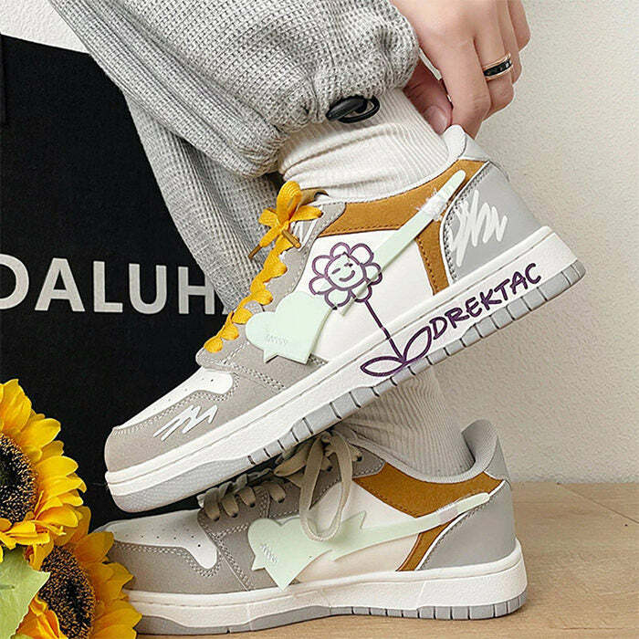 Yellow & Grey Flower Sneakers: Perfect for Spring Outfits & Casual Looks