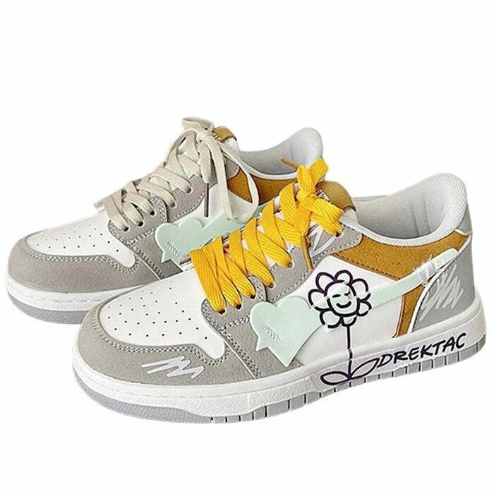 Yellow & Grey Flower Sneakers: Perfect for Spring Outfits & Casual Looks