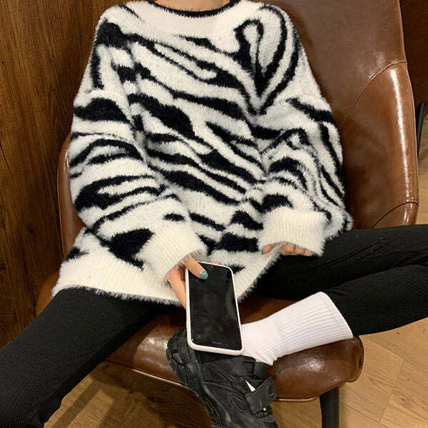 Zebra Print Knit Sweater - Cute 2000s Outfits & Y2K Fashion Inspiration